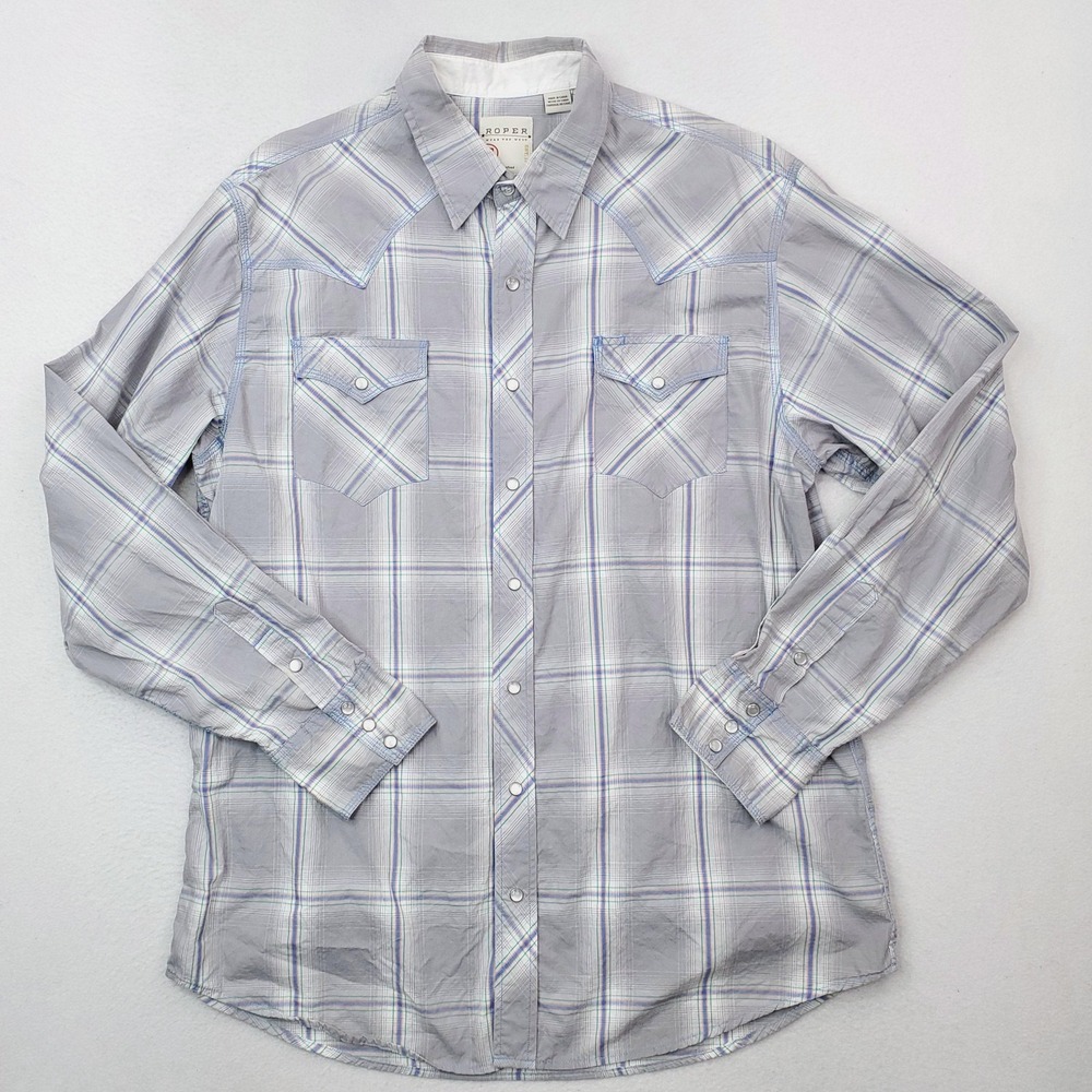 Roper‎ Shirt Mens 2XL Gray Blue Plaid Western Pearl Snap Long Sleeve Cowboy